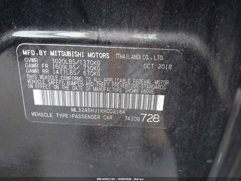 2019 Mitsubishi Mirage Le VIN: ML32A5HJ1KH002184 Lot: 43421120