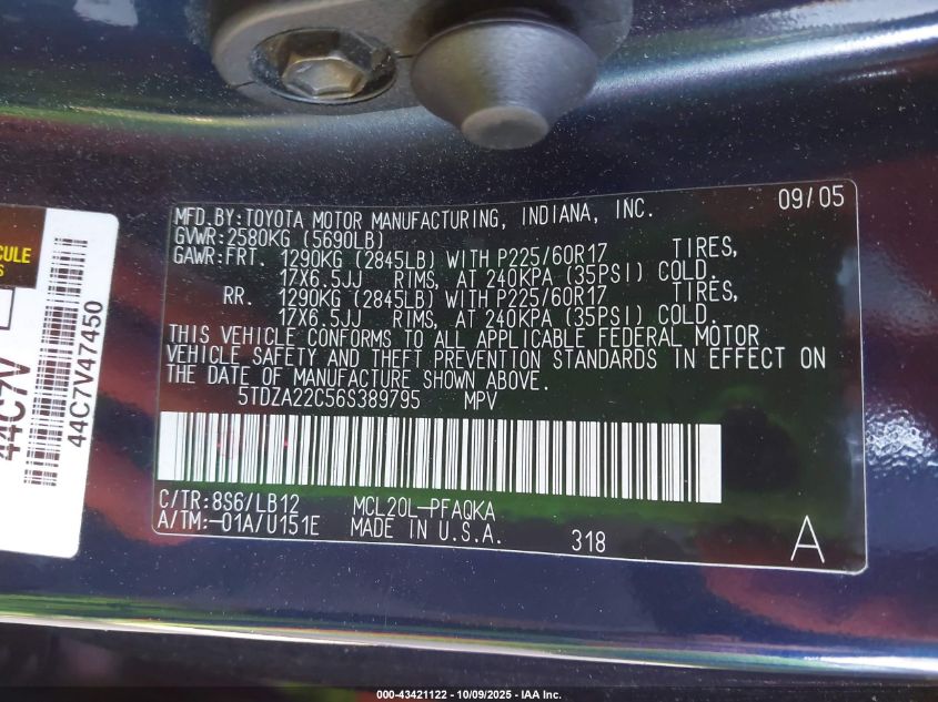 2006 Toyota Sienna Xle Limited VIN: 5TDZA22C56S389795 Lot: 43421122