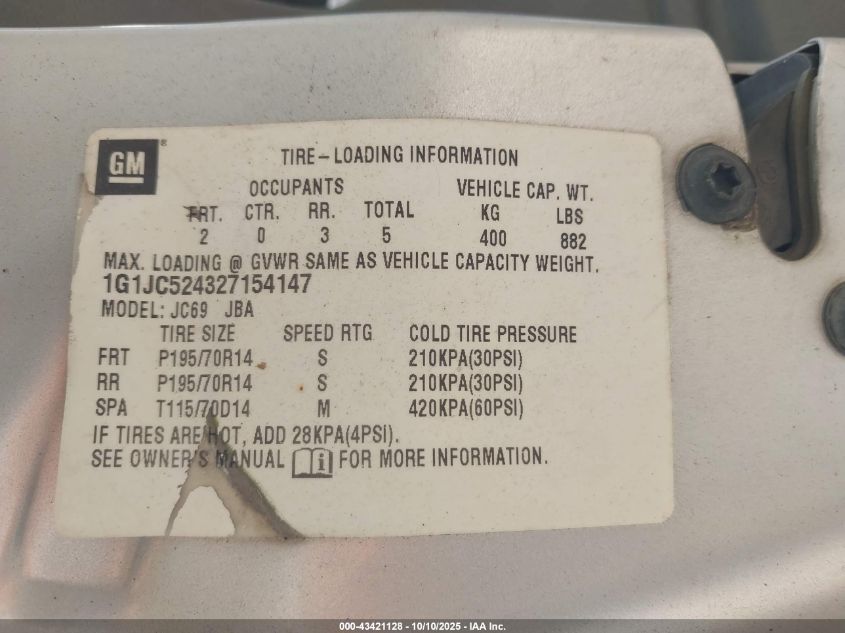 2002 Chevrolet Cavalier VIN: 1G1JC524327154147 Lot: 43421128