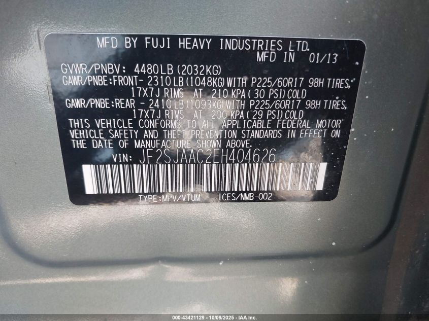 2014 Subaru Forester 2.5I VIN: JF2SJAAC2EH404626 Lot: 43421129