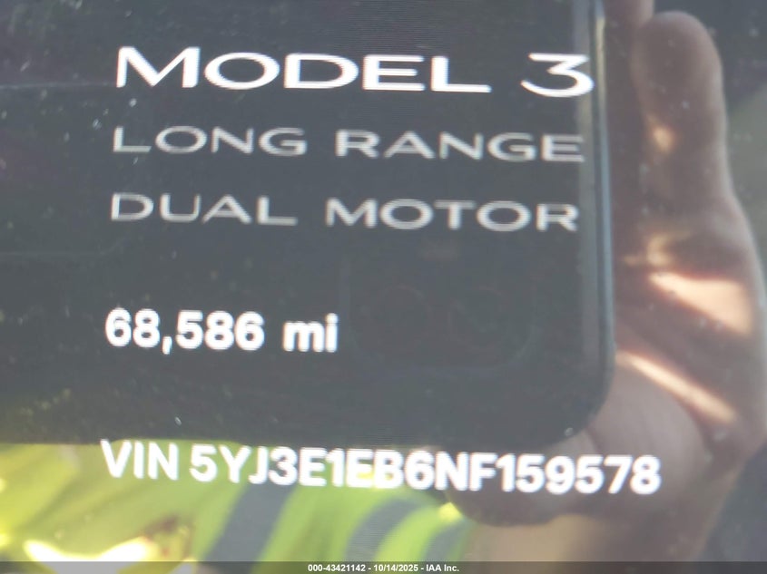 2022 Tesla Model 3 Long Range Dual Motor All-Wheel Drive VIN: 5YJ3E1EB6NF159578 Lot: 43421142
