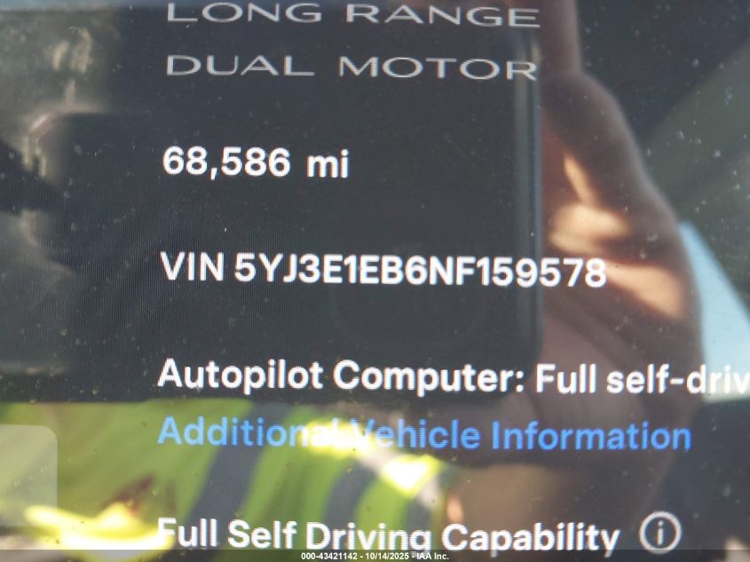 2022 Tesla Model 3 Long Range Dual Motor All-Wheel Drive VIN: 5YJ3E1EB6NF159578 Lot: 43421142