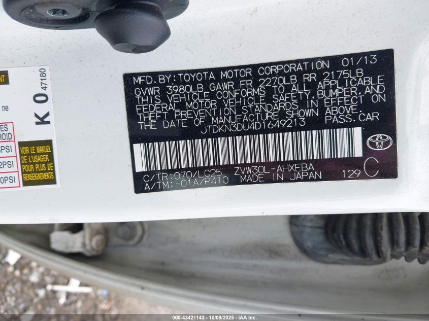 2013 Toyota Prius Three Se VIN: JTDKN3DU4D1649213 Lot: 43421143