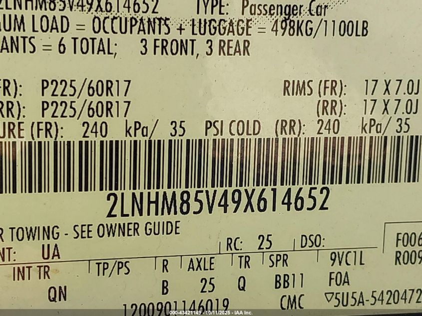 2009 Lincoln Town Car Signature L VIN: 2LNHM85V49X614652 Lot: 43421149