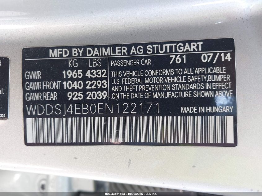 2014 Mercedes-Benz Cla 250 VIN: WDDSJ4EB0EN122171 Lot: 43421163