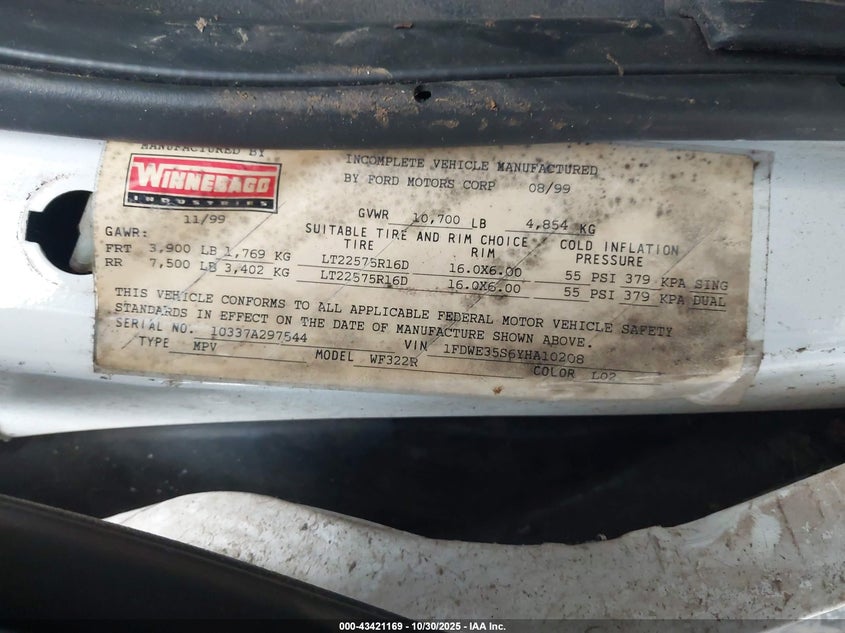 2000 Ford E-350 Cutaway Standard VIN: 1FDWE35S6YHA10208 Lot: 43421169