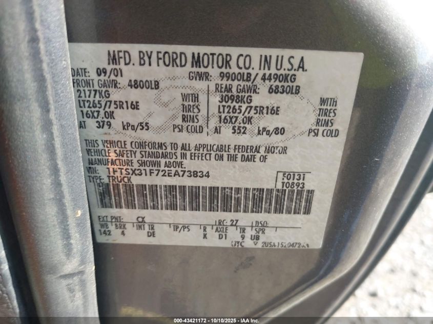 2002 Ford F-350 Lariat/Xl/Xlt VIN: 1FTSX31F72EA73834 Lot: 43421172