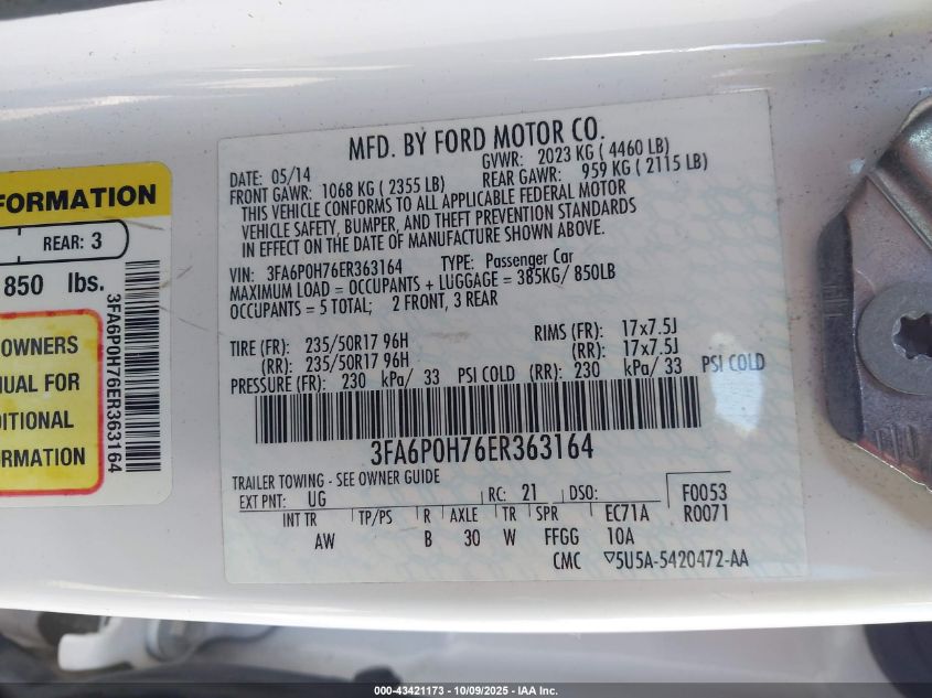 2014 Ford Fusion Se VIN: 3FA6P0H76ER363164 Lot: 43421173