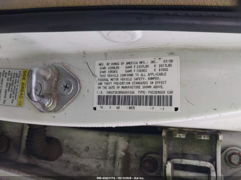 2009 Honda Accord 2.4 Lx VIN: 1HGCP26389A001024 Lot: 43421174