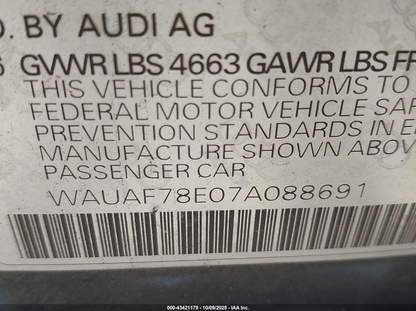 2007 Audi A4 2.0T VIN: WAUAF78E07A088691 Lot: 43421179