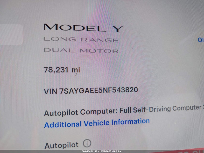 2022 Tesla Model Y Long Range Dual Motor All-Wheel Drive VIN: 7SAYGAEE5NF543820 Lot: 43421188