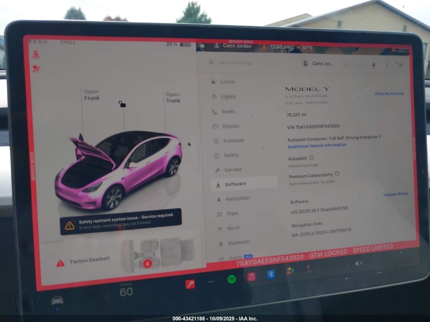 2022 Tesla Model Y Long Range Dual Motor All-Wheel Drive VIN: 7SAYGAEE5NF543820 Lot: 43421188