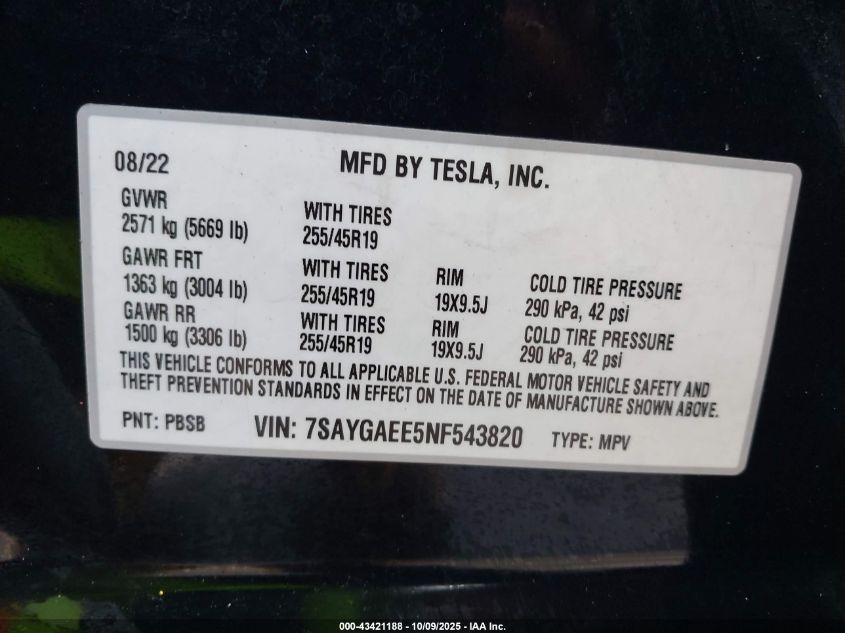 2022 Tesla Model Y Long Range Dual Motor All-Wheel Drive VIN: 7SAYGAEE5NF543820 Lot: 43421188