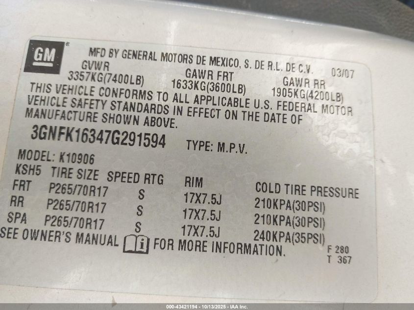 2007 Chevrolet Suburban 1500 Lt VIN: 3GNFK16347G291594 Lot: 43421194