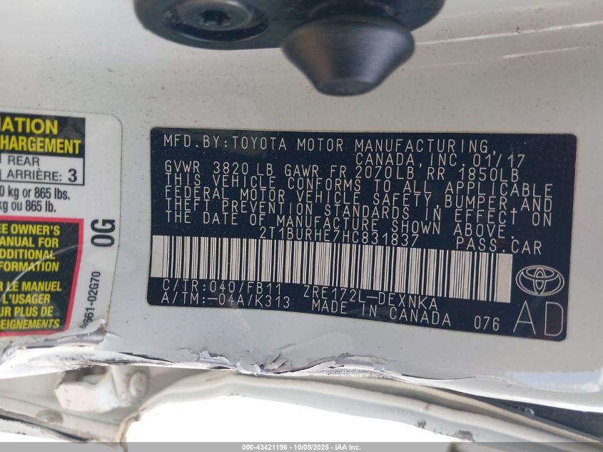 2017 Toyota Corolla Le VIN: 2T1BURHE7HC831837 Lot: 43421196