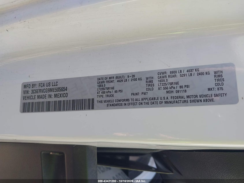 2021 RAM PROMASTER 2500 HIGH ROOF 136 WB 3C6ERVCG9ME505654