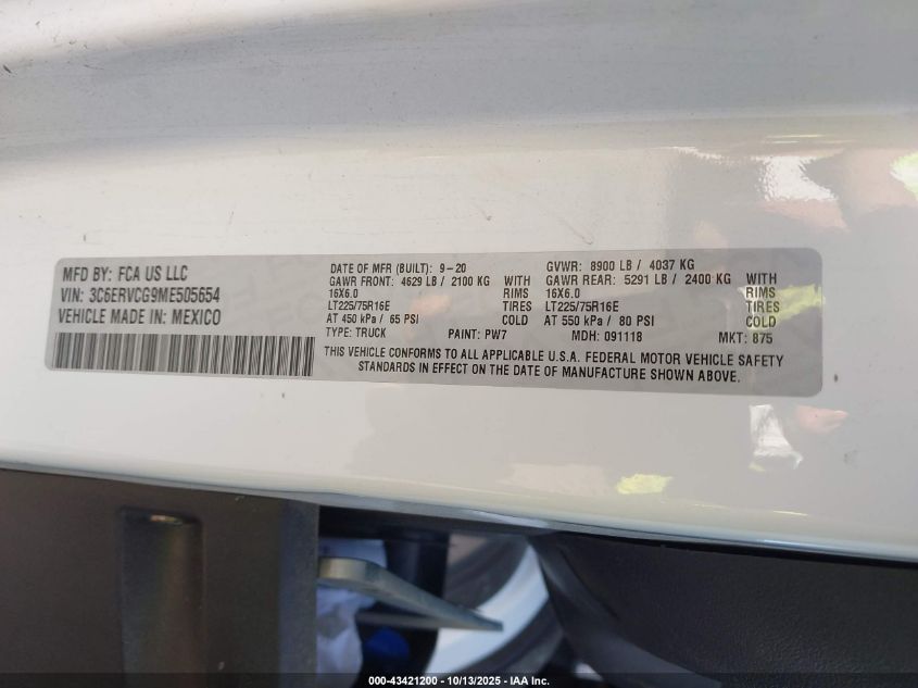 2021 Ram Promaster 2500 High Roof 136 Wb VIN: 3C6ERVCG9ME505654 Lot: 43421200