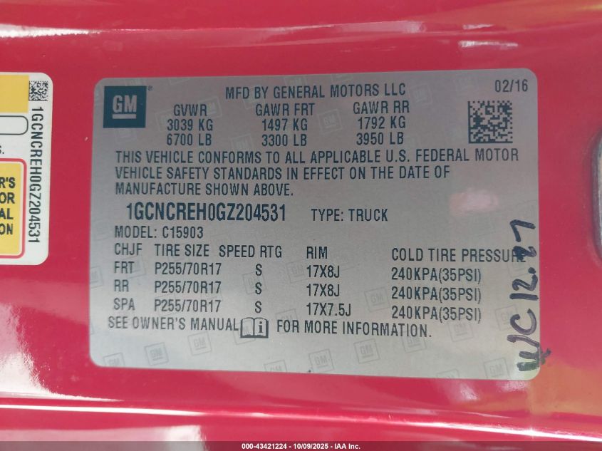 2016 Chevrolet Silverado 1500 1Lt VIN: 1GCNCREH0GZ204531 Lot: 43421224