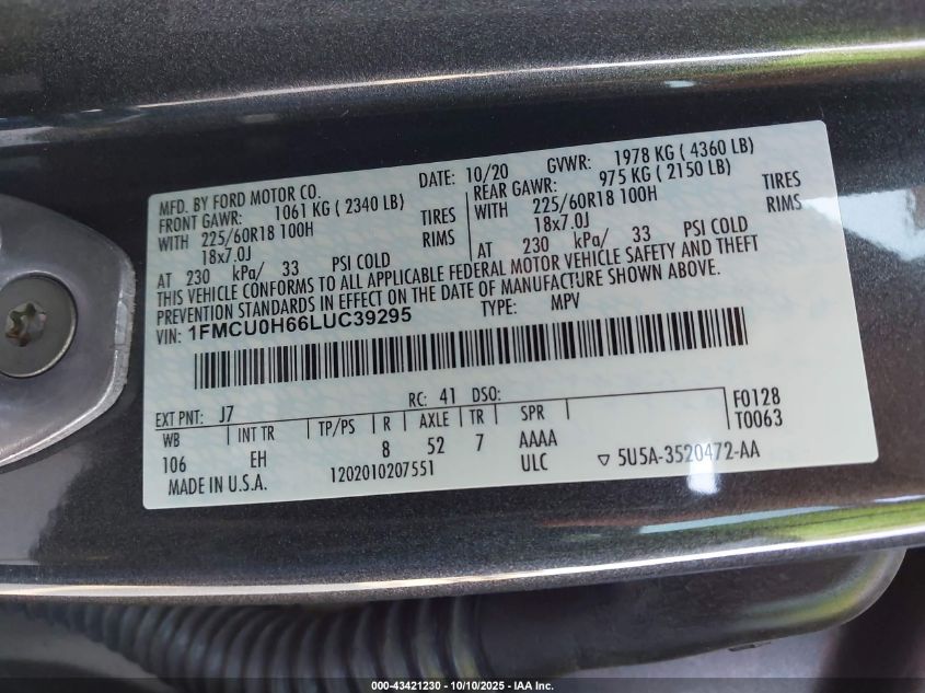 2020 Ford Escape Sel VIN: 1FMCU0H66LUC39295 Lot: 43421230