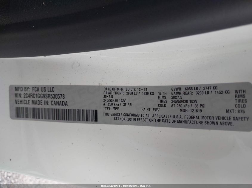 2025 Chrysler Pacifica Limited VIN: 2C4RC1GG9SR530578 Lot: 43421231