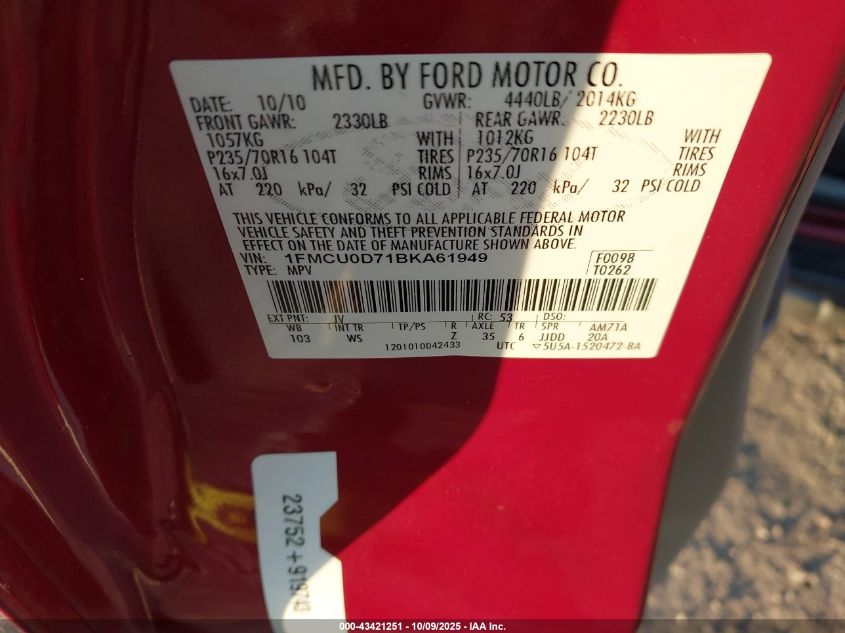 2011 Ford Escape Xlt VIN: 1FMCU0D71BKA61949 Lot: 43421251