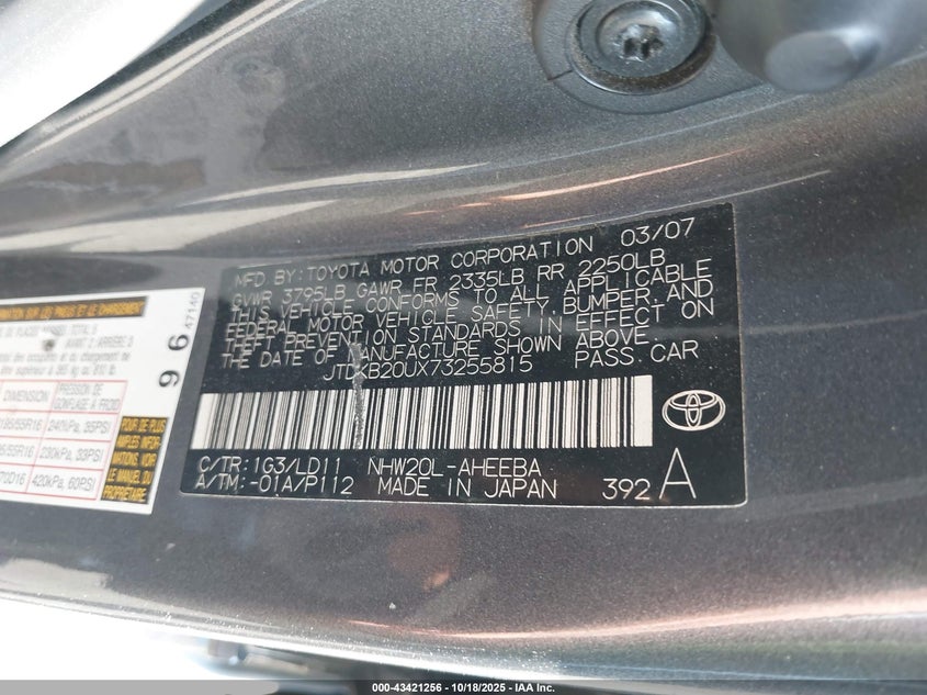 JTDKB20UX73255815 2007 TOYOTA PRIUS photo no. 9