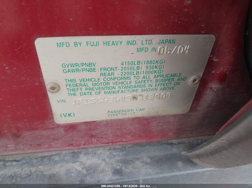 2005 Subaru Forester 2.5X VIN: JF1SG63645H713909 Lot: 43421258