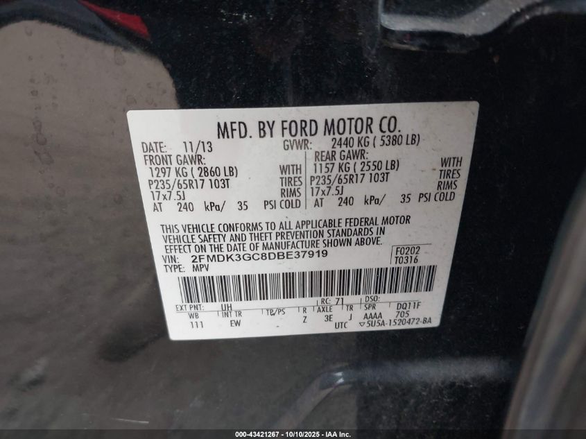 2013 Ford Edge Se VIN: 2FMDK3GC8DBE37919 Lot: 43421267