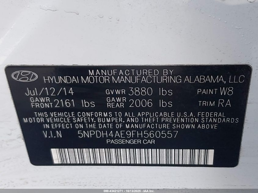 2015 Hyundai Elantra Se VIN: 5NPDH4AE9FH560557 Lot: 43421271