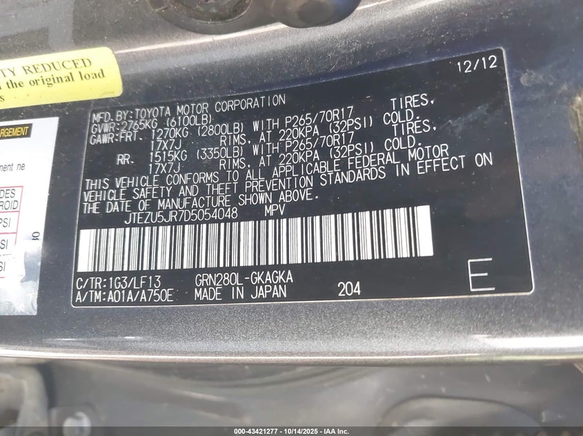 2013 TOYOTA 4RUNNER SR5 JTEZU5JR7D5054048