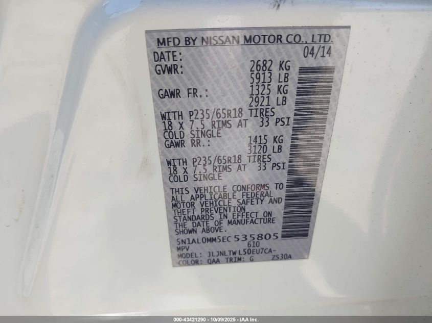 2014 Infiniti Qx60 VIN: 5N1AL0MM5EC535805 Lot: 43421290