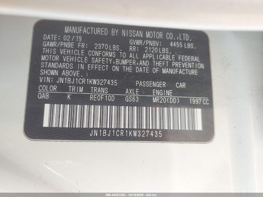 2019 Nissan Rogue Sport Sl VIN: JN1BJ1CR1KW327435 Lot: 43421292