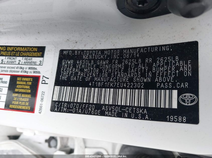 2014 Toyota Camry Se VIN: 4T1BF1FK7EU422302 Lot: 43421295