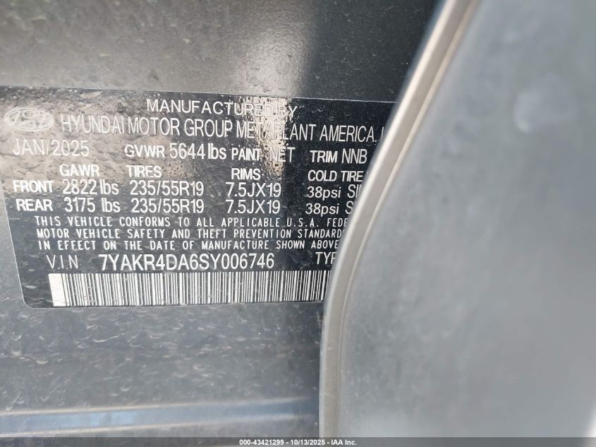 2025 Hyundai Ioniq 5 Limited VIN: 7YAKR4DA6SY006746 Lot: 43421299