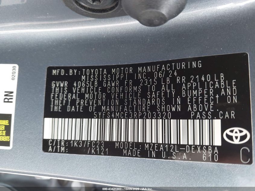 2024 Toyota Corolla Se VIN: 5YFS4MCE3RP203320 Lot: 43421303