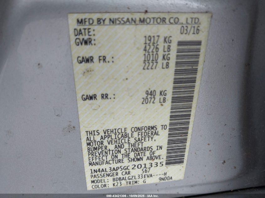 2016 Nissan Altima 2.5 S VIN: 1N4AL3AP5GC201335 Lot: 43421306