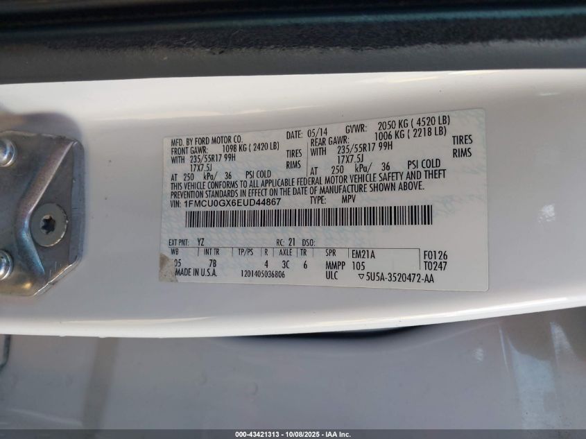 2014 Ford Escape Se VIN: 1FMCU0GX6EUD44867 Lot: 43421313