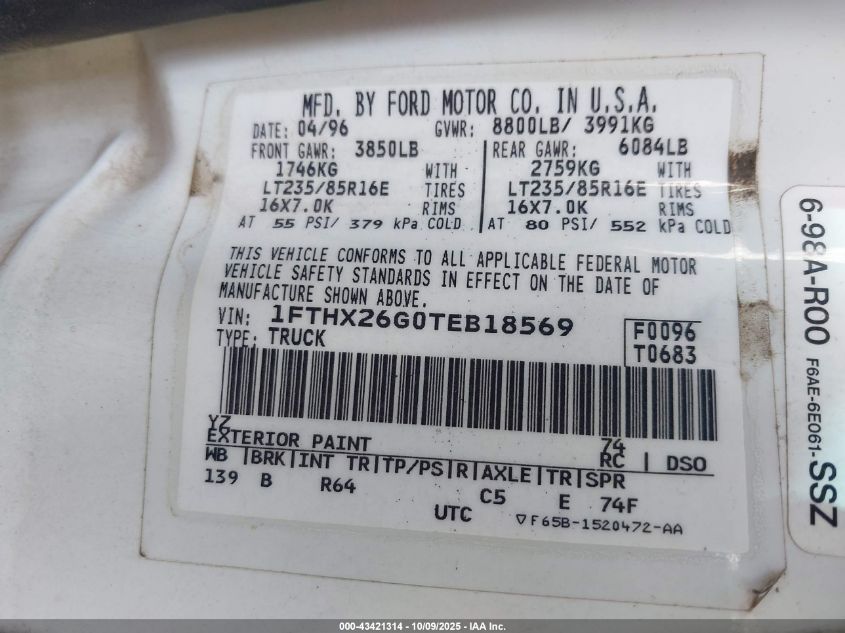 1996 Ford F250 VIN: 1FTHX26G0TEB18569 Lot: 43421314