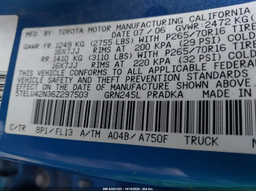 2006 Toyota Tacoma Base V6 VIN: 5TELU42N36Z297503 Lot: 43421323