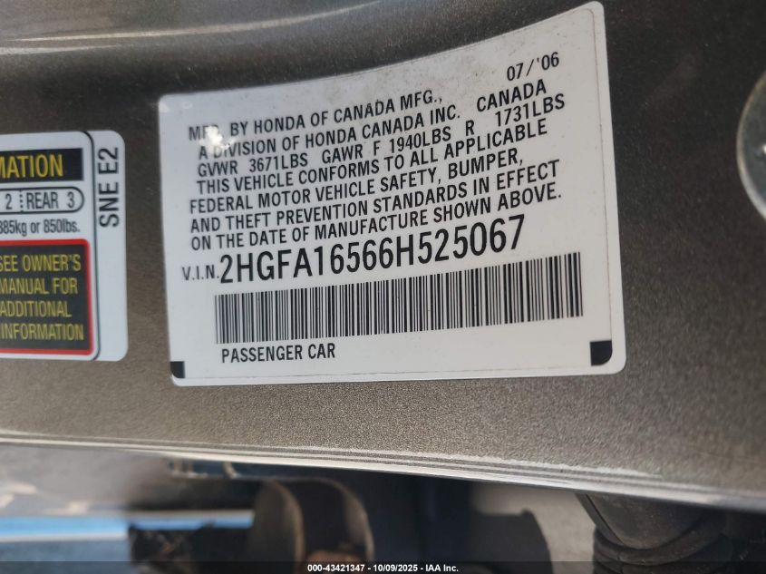 2006 Honda Civic Lx VIN: 2HGFA16566H525067 Lot: 43421347