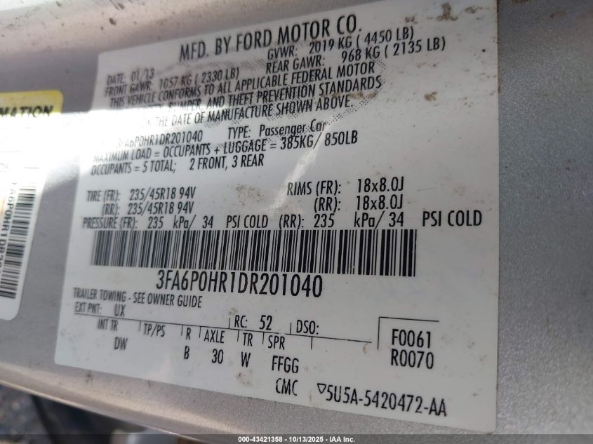 2013 Ford Fusion Se VIN: 3FA6P0HR1DR201040 Lot: 43421358