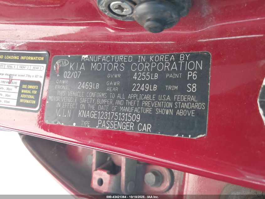 2007 Kia Optima Lx VIN: KNAGE123175131509 Lot: 43421364