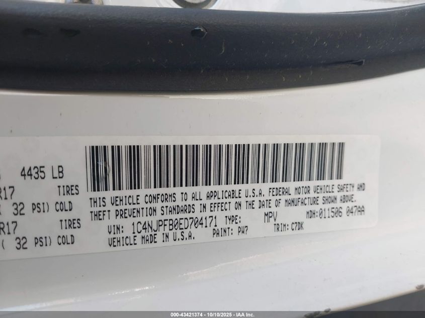 2014 Jeep Patriot Latitude VIN: 1C4NJPFB0ED704171 Lot: 43421374