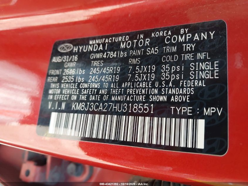 2017 Hyundai Tucson Limited VIN: KM8J3CA27HU318551 Lot: 43421392