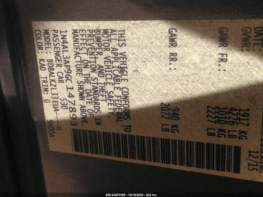 2016 Nissan Altima 2.5 Sv VIN: 1N4AL3AP9GC147893 Lot: 43421399