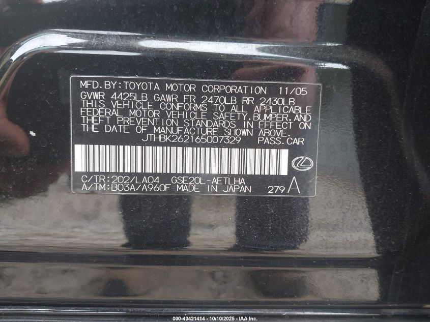 2006 Lexus Is 250 VIN: JTHBK262165007329 Lot: 43421414