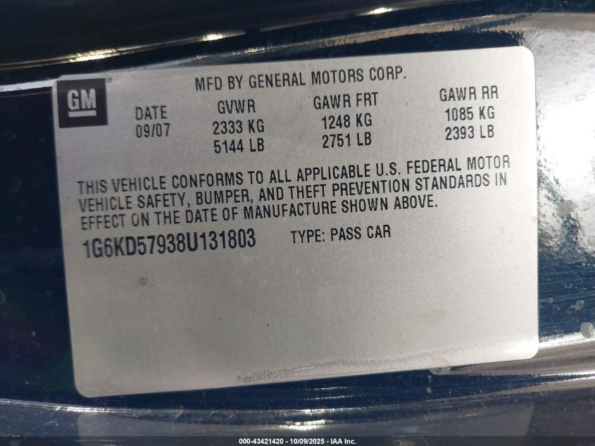 2008 Cadillac Dts 1Se VIN: 1G6KD57938U131803 Lot: 43421420