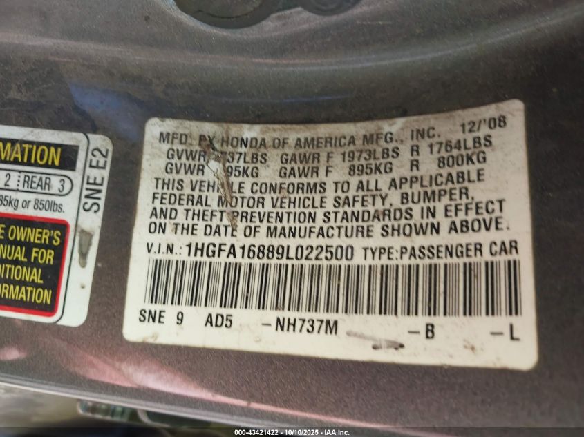 2009 Honda Civic Ex VIN: 1HGFA16889L022500 Lot: 43421422