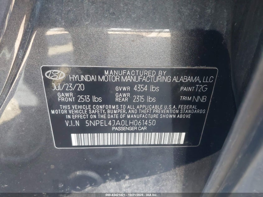 5NPEL4JA0LH061450 2020 HYUNDAI SONATA photo no. 9