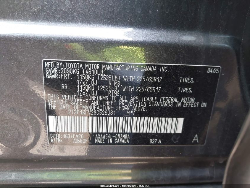 2025 Toyota Rav4 Xle VIN: 2T3P1RFV2SC529081 Lot: 43421429